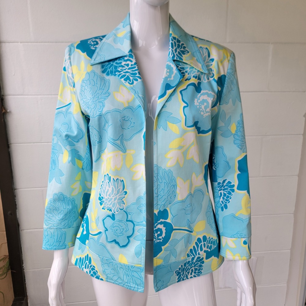 Bob Mackie Studio Floral Blazer Blue Women's 10 Retro Professional Mod Artsy Y2K